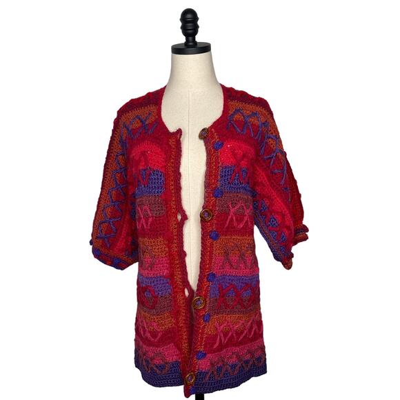 VINTAGE 60s XS Mod HAND KNIT Sweater Mini Dress $380 WOOL Puff Sleeves Red Blue - Picture 12 of 15